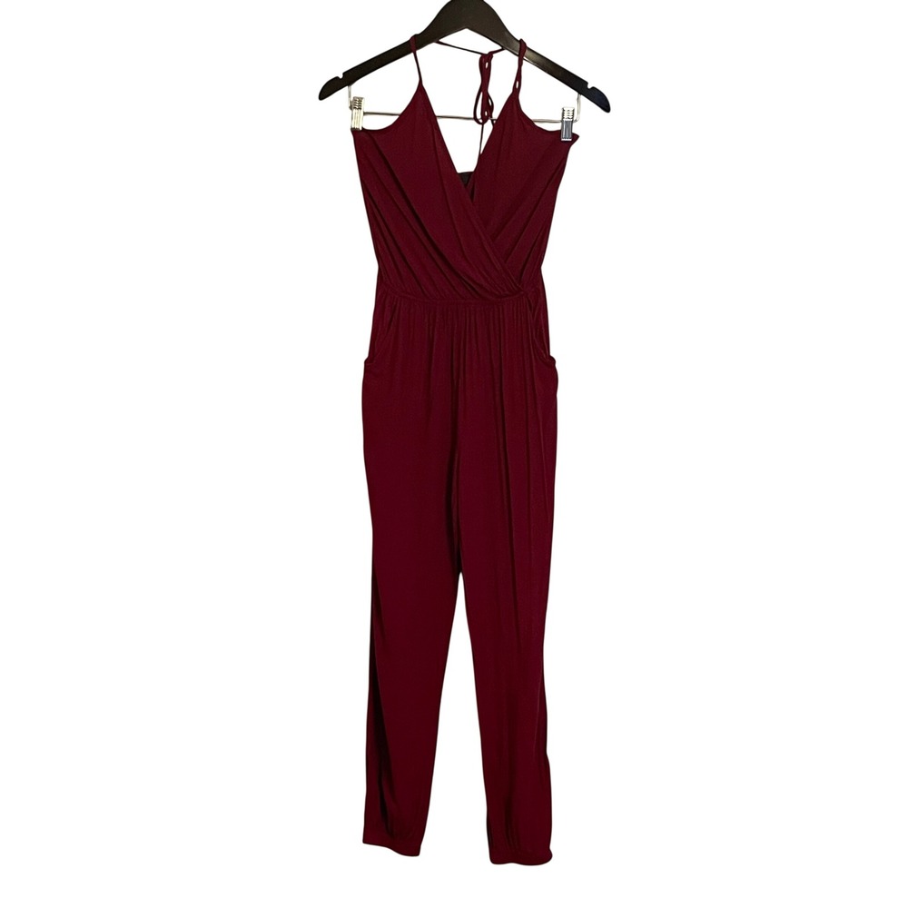 Lulus Burgundy Red Halter Neck Wrap Front Jumpsuit Women's Size Small